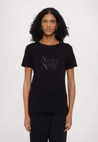 Black cotton t-shirt with a crew neck and short sleeves. Features a glossy, textured logo design in varying fonts across the chest.
