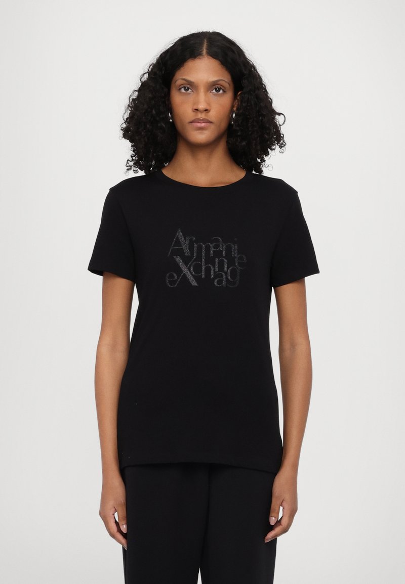 Black cotton t-shirt with a crew neck and short sleeves. Features a glossy, textured logo design in varying fonts across the chest.