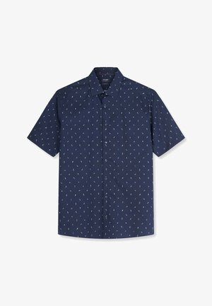 Camicia blu navy a maniche corte con bottoni, con piccoli motivi astratti di foglie bianche e marrone chiaro e colletto classico.