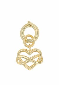 Guldtonade metallörhängen med en intrikat hjärtformad design och sammanflätade slingor, hängande från en cirkulär ring. Slät, polerad yta.