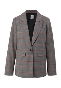 Blazer gris à carreaux avec lignes rouges, bouton unique devant, revers crantés, deux poches à rabat et doublure intérieure noire, présenté sur fond uni.