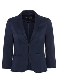 Navy blue blazer made of smooth fabric, featuring a notched lapel, single button closure, and two front pockets with a tailored fit.