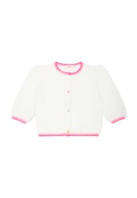 Witte gebreide cardigan met een roze geribde kraag en manchet, voorzien van vijf kleurrijke knopen aan de voorkant en pofmouwen.