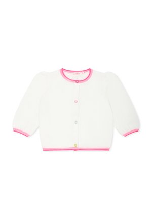 Cardigan blanc en tricot avec col et poignets côtelés roses, présentant cinq boutons colorés sur le devant et des manches longues bouffantes.