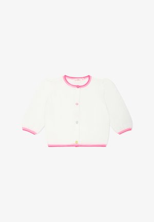 Weißer Strickcardigan mit rosa geripptem Kragen und Bündchen, ausgestattet mit fünf bunten Knöpfen auf der Vorderseite und puffe langen Ärmeln.