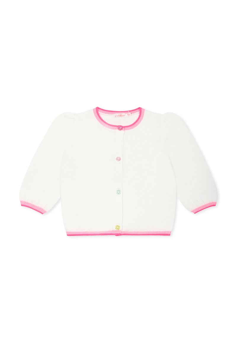 Witte gebreide cardigan met een roze geribde kraag en manchet, voorzien van vijf kleurrijke knopen aan de voorkant en pofmouwen.