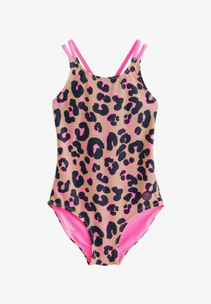 Einteiliger Badeanzug mit beigem und schwarzem Leopardenmuster, pinken Akzenten und doppelten pinken Schulterträgern, entworfen für Kinder.