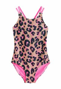 Badeanzug im Leopardenmuster in Beige, mit schwarzen und knallpinken Flecken. Doppelte pinke Träger und pinke Innenauskleidung; glattes, elastisches Material.