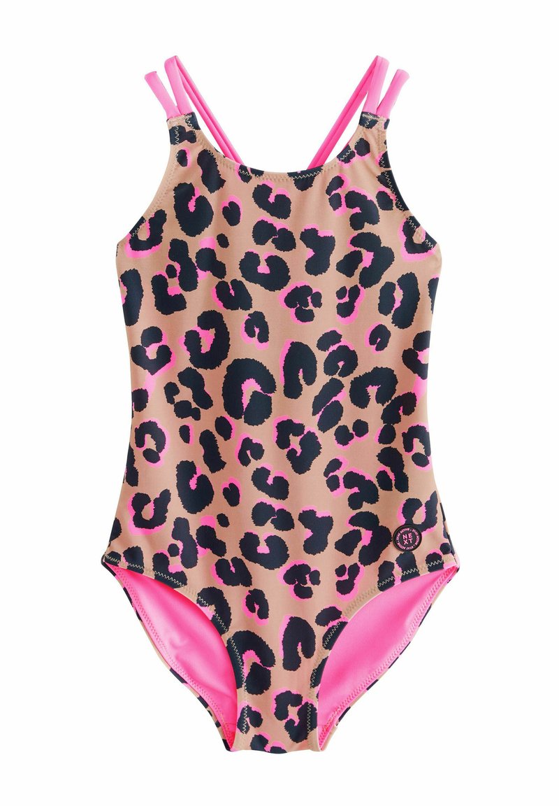 Badeanzug im Leopardenmuster in Beige, mit schwarzen und knallpinken Flecken. Doppelte pinke Träger und pinke Innenauskleidung; glattes, elastisches Material.