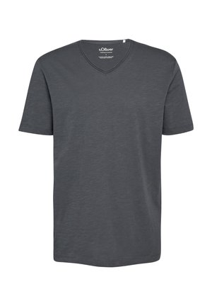 T-shirt homme gris foncé à manches courtes avec col en V, texture lisse et étiquette de marque visible à l'intérieur du col.