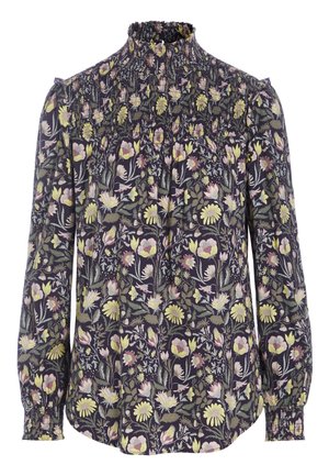 Long-sleeve blouse with high ruffled collar, smocked upper chest and cuffs, and multicolored floral pattern on dark background.