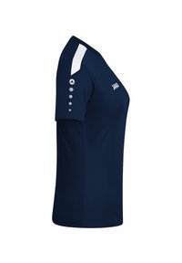 Marineblaue Sportweste mit kurzen Ärmeln, weißen Schulterakzenten und rundem Ausschnitt. Verfügt über fünf dekorative Knöpfe am Ärmel.