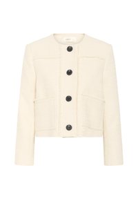 Giacca cropped color crema, tessuto testurizzato, bottoni neri, due tasche frontali, scollo rotondo e dettagli con orlo sfilacciato.