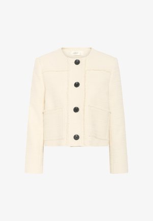 Kreemikarva lühike jakki, tekstureeritud kangas, mustad nupud, kaks esist pockets, ümmargune kaelus ja purunenud äärte detailid.