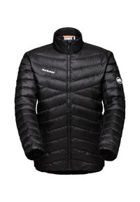 Veste isolée noire avec fermeture éclair à l'avant, col haut et motif matelassé en chevrons. Dotée d'un logo sur la poitrine et la manche.