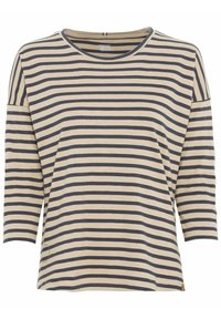 Beige and navy blue horizontally striped long-sleeve shirt with crew neck and dropped shoulders, displayed flat on white background.
