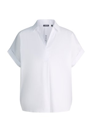 Biała bluzka z krótkim rękawem, z podwiniętymi mankietami, kołnierzem w serek i luźnym krojem marki JOOP!