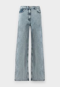 Blugi ușor albastri, cu picioare largi, din denim, având talie înaltă, ușoară distrugere și o croială lejeră cu picioare drepte.