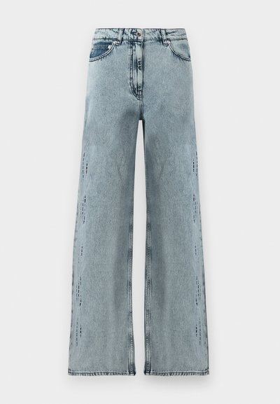 Gai zili, plaši džinsi no denima, ar augstu jostasvietu, vieglu nolietojumu un brīvu piegriezumu ar taisnām kājām.