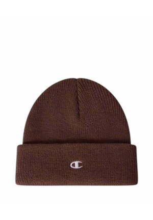 Gorro de punto marrón con puño doblado que presenta un pequeño logo bordado de Champion blanco en el centro delantero.