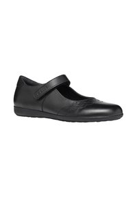 Scarpa Mary Jane in pelle nera con punta rotonda, una singola fascetta sulla parte superiore del piede e dettagli di design perforati discreti sulla tomaia.
