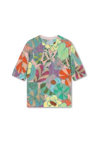 Korte mouw, ronde hals t-shirt met een levendig bloemenpatroon in kleuren zoals oranje, groen, roze en blauw op een lichte achtergrond.