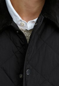 Musta tikattu takki corduroy-kauluksella, jossa painonapit ja kuvioitu sisäkerros, puetuna valkoisen kauluspaidan päälle.