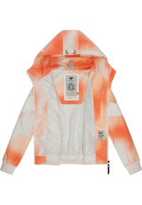 Kerge jope oranži ja valge gradientiga, millel on kapuuts, lukuga sulgemine, elastsed mansetid ja sisemine silt graafikaga.