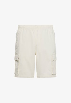 Hellbeige knielange Cargo-Shorts mit elastischem Bund, Knopfverschluss und Klappentaschen auf beiden Seiten.