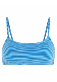 Svetlomodrý pruhovaný bikiny top s tenkými nastaviteľnými ramienkami a hladkou textúrou, navrhnutý pre priliehavý siluetu.