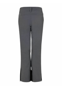 Pantalon gris foncé à jambes droites avec passants de ceinture et fentes zippées en bas, vu de dos sur fond blanc.