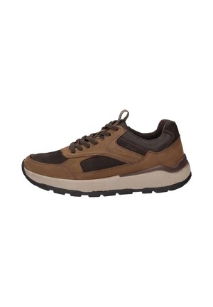 Braune Sportschuhe aus einer Mischung von Wildleder und Mesh-Materialien. Lebendige braune und dunkelbraune Farbgebung. Verfügt über eine gepolsterte Sohle und Schnürsenkel.