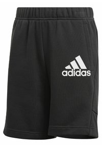 Shorts de sport noirs en tissu de mélange de coton, avec une taille élastique et un logo Adidas blanc sur le côté gauche.