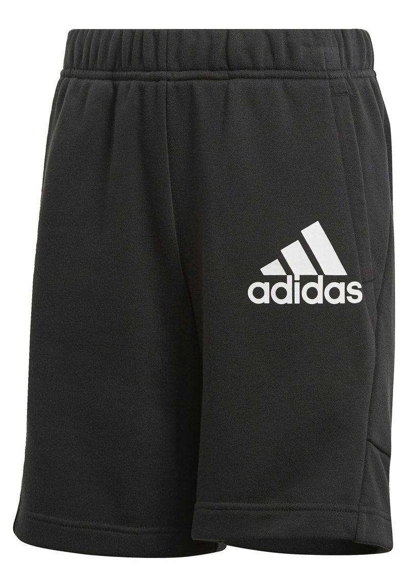 Shorts de sport noirs en tissu de mélange de coton, avec une taille élastique et un logo Adidas blanc sur le côté gauche.