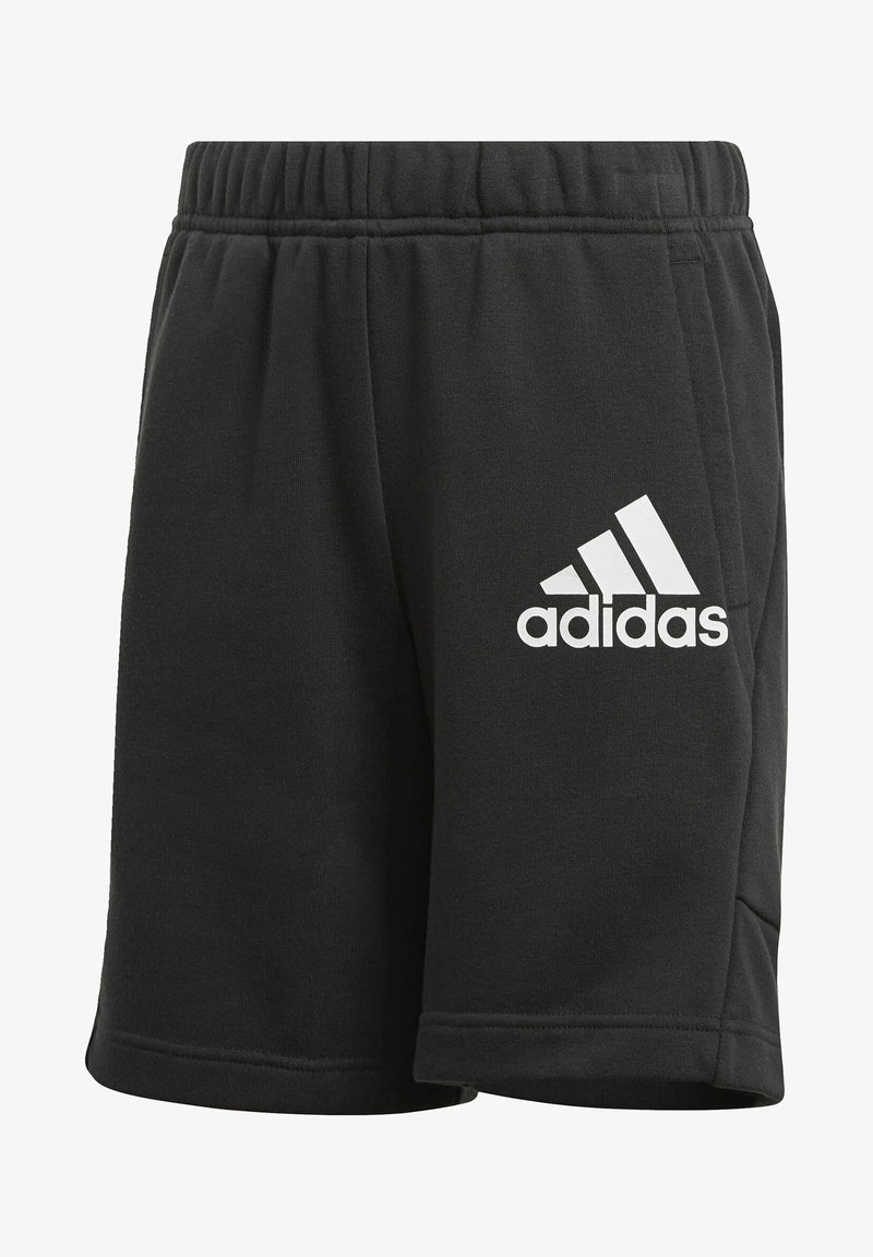 Shorts de sport noirs en tissu de mélange de coton, avec une taille élastique et un logo Adidas blanc sur le côté gauche.