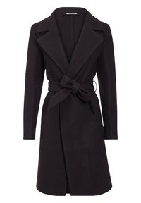 Manteau en mélange de laine noir avec un col à revers, des manches longues, une taille ceinturée et une coupe droite, avec une texture lisse et sans motifs visibles.
