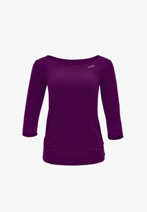 Bluza mov pentru femei cu mâneci lungi, cu părți adunate și decolteu larg, având un text mic alb "Windshape" lângă guler.