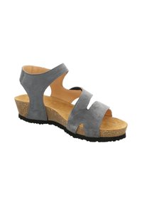 Grijze suède sleehak sandaal met uitgesneden design, beige voetbed en een textuurrubber zool. Voorzien van verstelbare banden voor een stevige pasvorm.