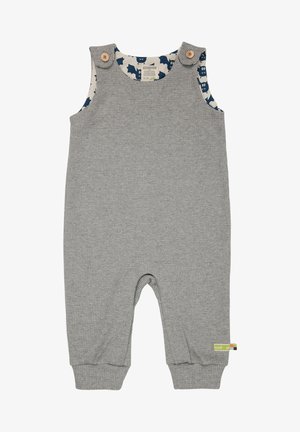 Graham gewobener ärmelloser Overall mit Holzknopf-Akzenten und gemustertem Innenfutter mit blauen Designs. Rippentextur, lockere Passform.