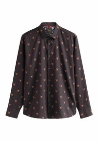 Camicia nera con bottoni, caratterizzata da un motivo di piccole teste di cervo colorate. Presenta un colletto a punta e maniche lunghe. Realizzata in tessuto liscio.