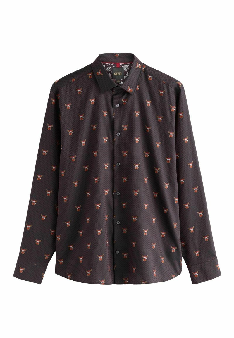 Camicia nera con bottoni, caratterizzata da un motivo di piccole teste di cervo colorate. Presenta un colletto a punta e maniche lunghe. Realizzata in tessuto liscio.