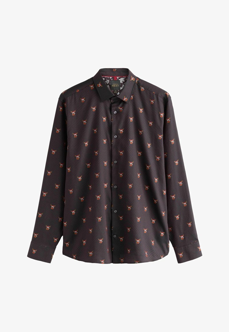 Camicia nera con bottoni, caratterizzata da un motivo di piccole teste di cervo colorate. Presenta un colletto a punta e maniche lunghe. Realizzata in tessuto liscio.