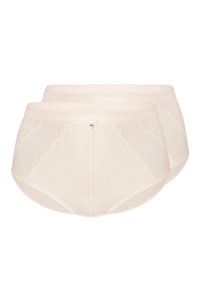 Beige hochgeschnittene Unterwäsche mit Spitzenverzierungen, mit gewellten Kanten und einem kleinen Herzakzent auf der Rückseite, gefertigt aus weichem Stoff.