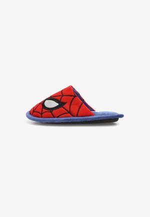 Zapatillas de tela rojas con un diseño de telaraña de Spider-Man, que presentan un destacado detalle de ojo blanco, ribete azul y suela texturizada.