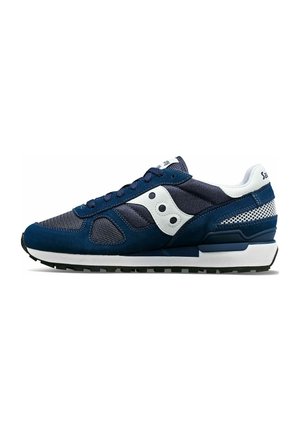 Sneaker sportiva blu navy e bianca con tomaia in mesh e pelle scamosciata, logo laterale bianco, suola nera e ammortizzazione al tallone.
