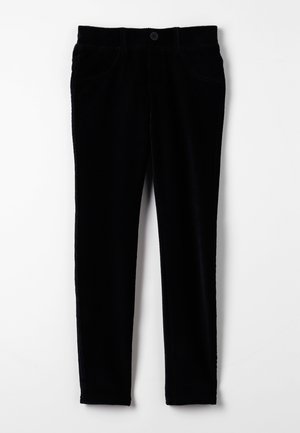 Black slim-fit corduroy pants with button and zip closure, front and back pockets, displayed on a white background.