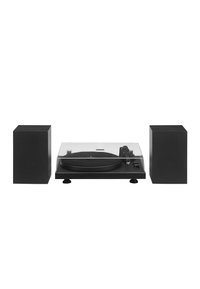 Black turntable with transparent cover, circular platter, control knobs, and two matching black speakers, all with a modern design and clean lines.