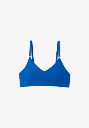 Bralette blu in cotone con spalline regolabili e design a V. Texture liscia senza imbottitura o decorazioni.