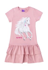 Abito rosa a maniche corte con orlo a volant. Presenta una grafica di un unicorno bianco con accenti colorati e il testo "Miss Melody" in rosa glitterato.