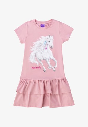 Abito rosa a maniche corte con orlo a volant. Presenta una grafica di un unicorno bianco con accenti colorati e il testo "Miss Melody" in rosa glitterato.